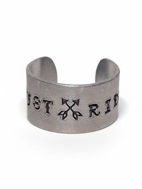Handmade 10 unisex stamped Just Ride compass 
silver adjustable wide cuff ring‎